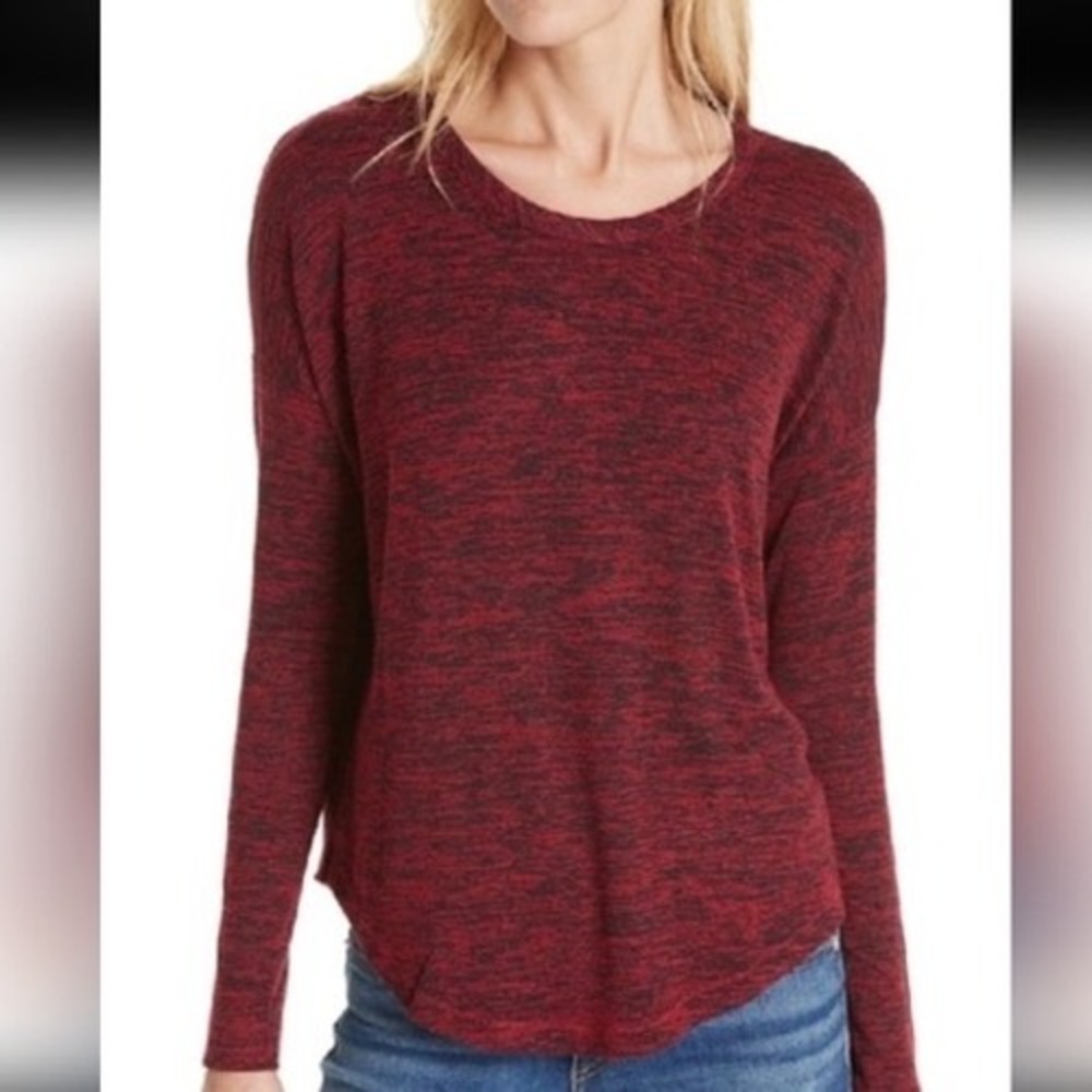 Rag & Bone Red Black Space Dye Long Sleeve Curved Hem Top Small RN108879